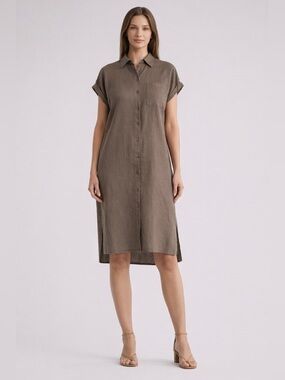 Calvin Klein Linen Shirt Dress 16W Taupe Button Front Casual